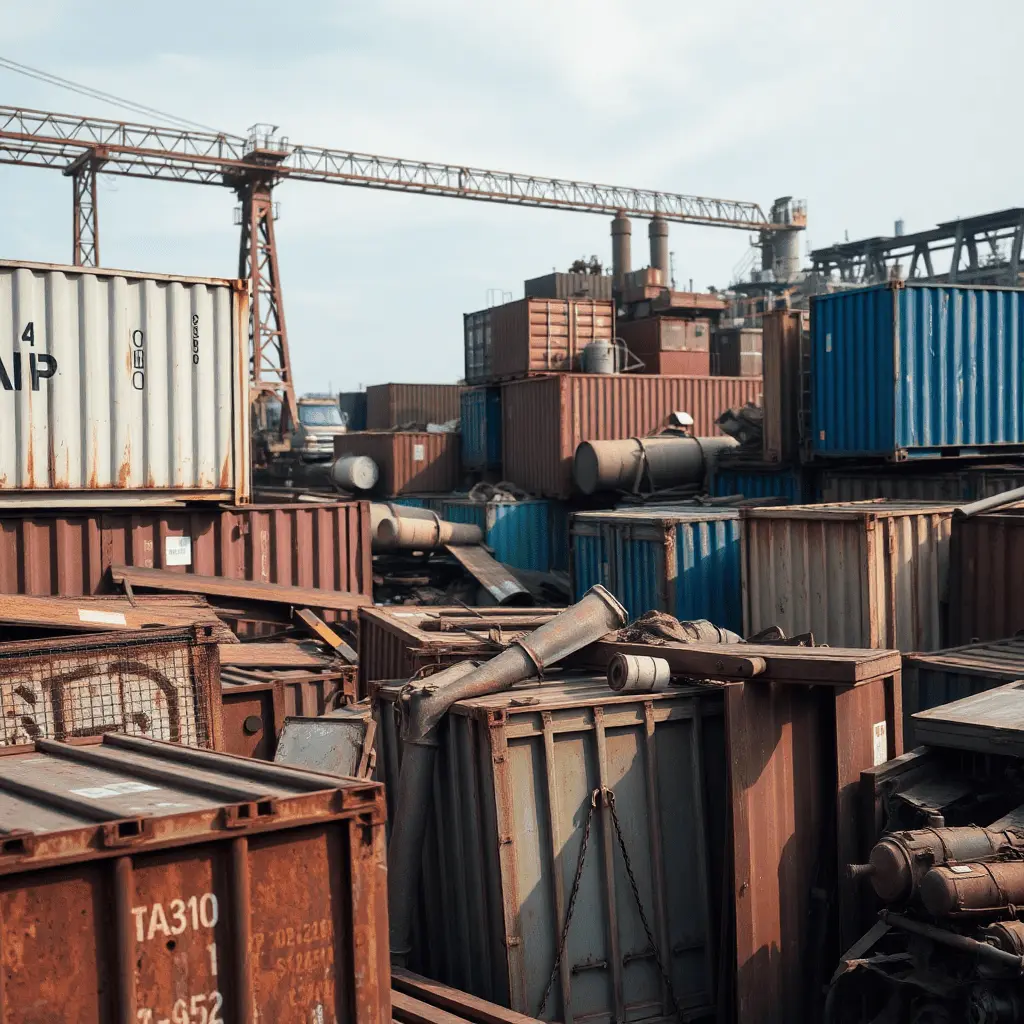 Schrotthof mit Containern und Industrieausrüstung